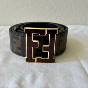 Fendi Black and Brown Belt with Gold Logo Buckle